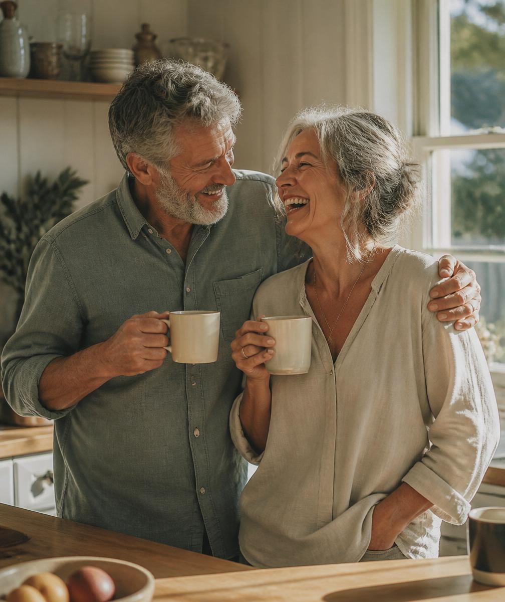 An older couple laughing together in a sunlit kitchen