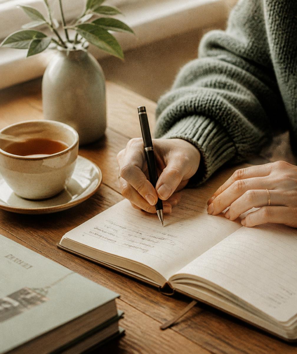 A hand writing notes in a journal beside a cup of tea
